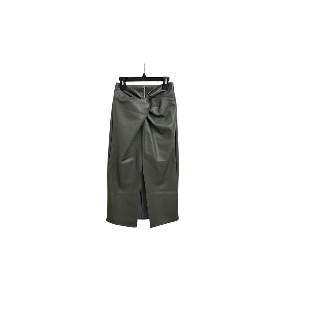 NWT Kirious Faux Leather High Rise Zip Back Festive Olive Green Midi Skirt XS